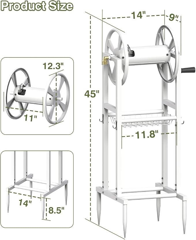 Freestanding Garden Hose Reel holds 125ft Hose of 5/8" with 4 Hooks, 4-Spike Outdoor Hose Holder with 3.9ft Leader Hose & Brass Fitting, Detachable Metal Hose Stand with Storage Rack, White