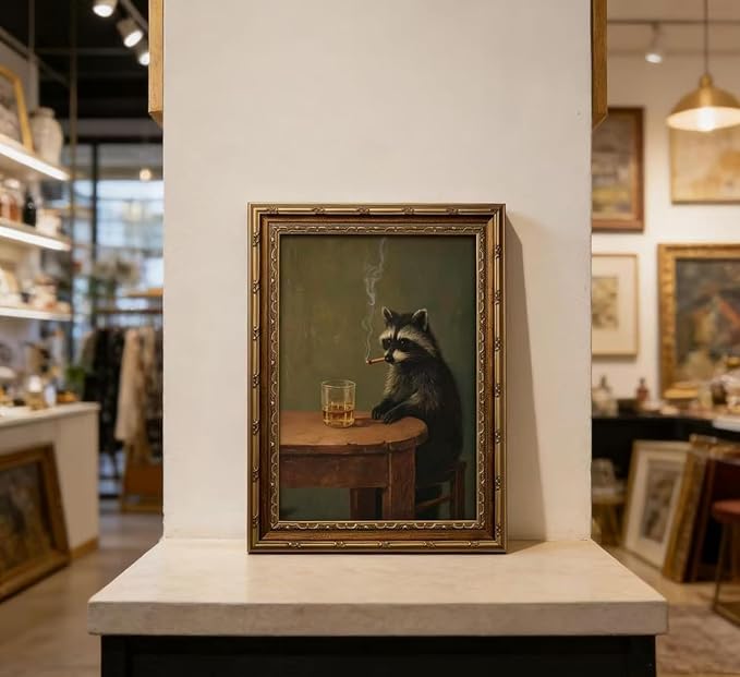 Vintage Gold Framed Smoking Raccoon Wall Art,Moody Dark Funny Animal Whiskey Cigar Canvas Print,Humor Funny Raccoon Wall Decor,Retro Bar Cart Poster Artwork,for Study Living Office Bar Decor