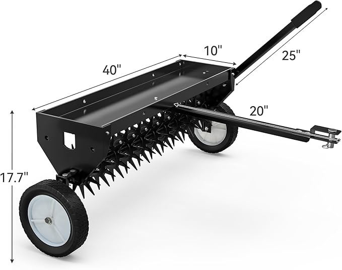 YITAMOTOR 40" Tow Behind Spike Aerator, Durable Lawn Aerator for Soil Penetrator with Transport Wheels & Galvanized Plug Coring Tines & Universal Hitch Tow Bar & Side Control Handle for ATV, Black