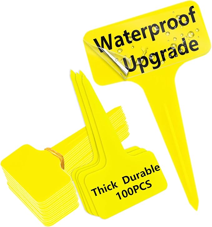 DaTpuik 100 Pcs Yellow Thick Plastic Plant Labels Markers Tags Garden Re-Usable T-Type Sign with Marking Pen