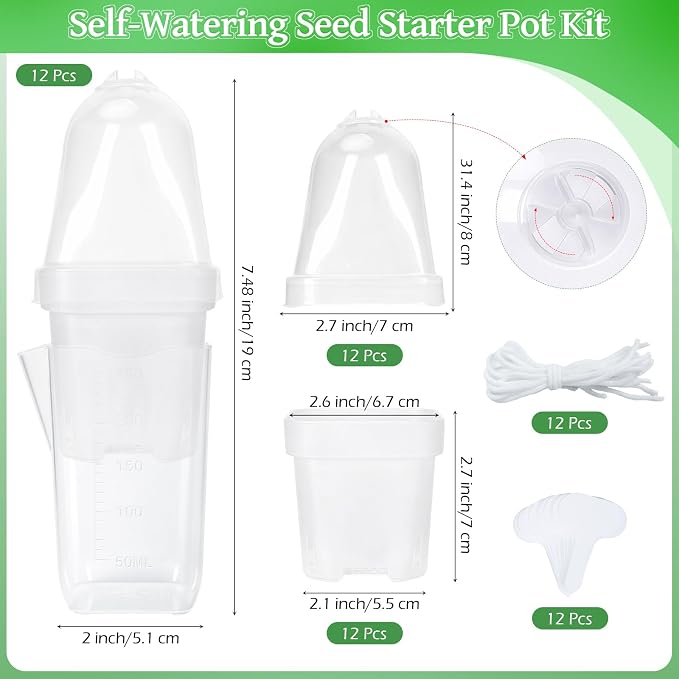 12 Pack 2.5" Self Watering Propagation Pots with Humidity Dome, Clear Plastic Seed Starter Cups, for Seedlings, Cuttings, Succulents, Herbs, Vegetables, with 12 Labels Included (Transparent 24 Pack)