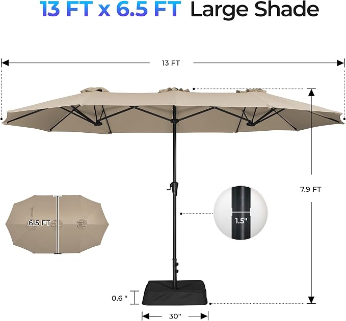 SUPERJARE 13FT Outdoor Patio Umbrella with Base Included, Double Sided Pool Umbrellas with Fade Resistant Canopy, Large Table Umbrella for Deck, Market, Backyard - Warm Beige