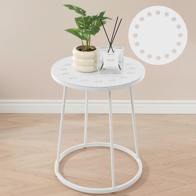 Vercraft Small Outdoor Side Table, 14" Patio Side Tables with Flower Cut Outs Weather Resistant Metal Outdoor End Table for Patio Outside Porch Balconies Garden(White,Fashion)