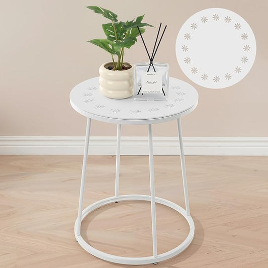 Vercraft Small Outdoor Side Table, 14" Patio Side Tables with Flower Cut Outs Weather Resistant Metal Outdoor End Table for Patio Outside Porch Balconies Garden(White,Fashion)