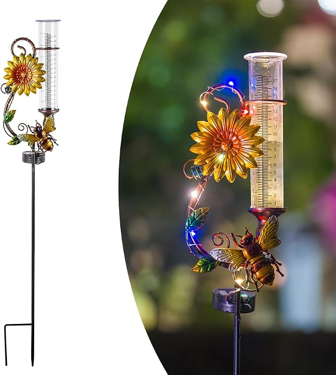 Stargarden Rain Gauge Outdoor, Solar Rain Gauge, Solar Measuring Gauge, Bee Decorative Rain Gauges for Yard Lawn Garden