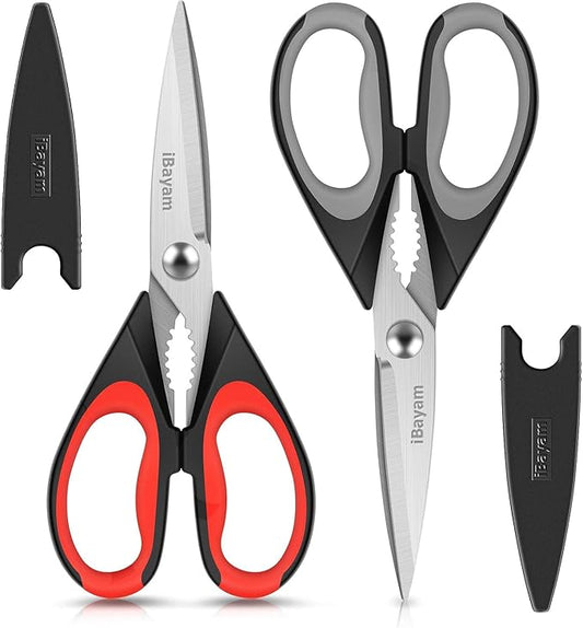 iBayam Kitchen Scissors All Purpose Heavy Duty 2 Pack with Protective Sheath, Stainless Steel Shears Kitchen Utensils Set for Cutting Food Cooking Meat Poultry Dishwasher Safe Soft Comfort-Grip