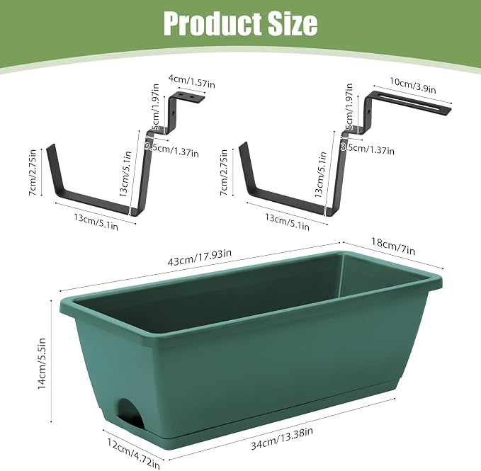 Sunexinlo 4-Pack Railing Planter Boxes with Double-Sided Adjustable Brackets, Plastic Rectangular Flower Boxes with Drainage Holes and Trays for Outdoor Balcony, Deck, Patio, Porch, Fence, Green