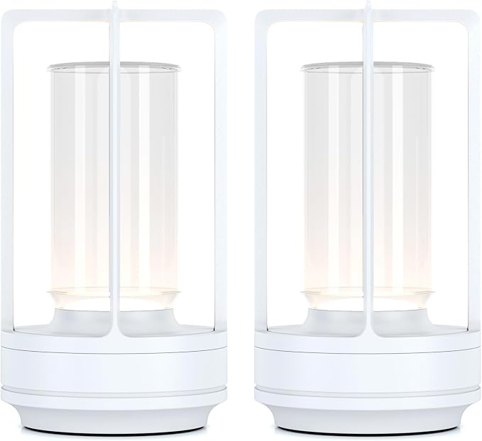 Portable Metal Table Lamp for Indoor/Outdoor ,Rechargeable Cordless LED Lamp, 3-Colour Infinitely Dimming Battery Powered Small Desk Lamp, Restaurant/Bedroom/Bar/Coffee/Camping Light (White Set of 2)