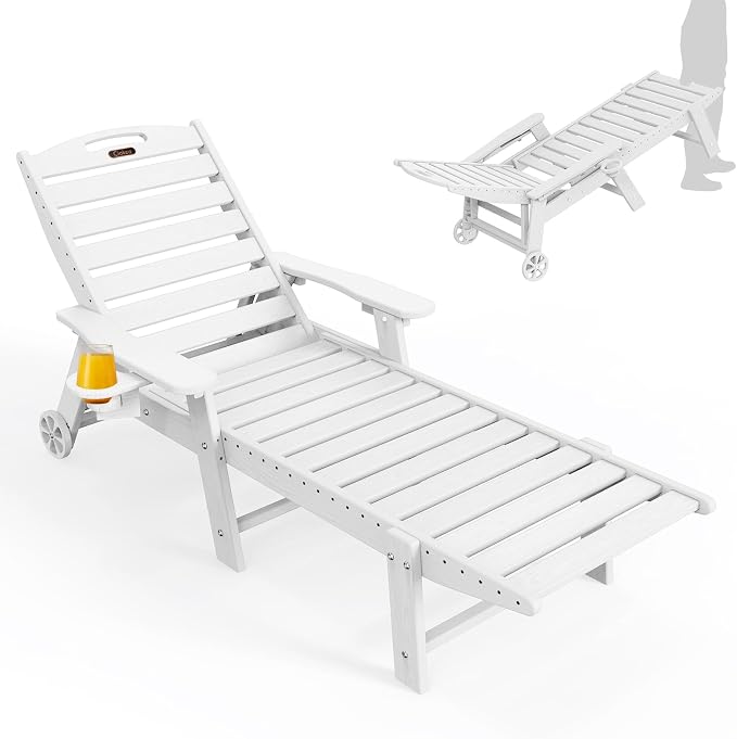 Ciokea Lounge Chair Outdoor, Oversized Chaise Lounge Chair with 5 Positions, HDPE, Patio Lounge Chair with Wheels & Cup Holder for Pool, Deck, Poolside, White
