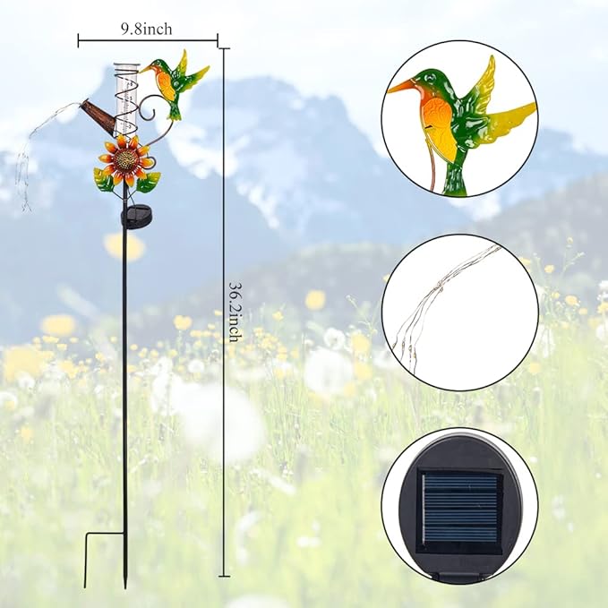 Stargarden Rain Gauge Outdoor-36 Inch Hummingbird Solar Rain Gauge with 6” Glass Tube for Yard Garden Patio Lawn