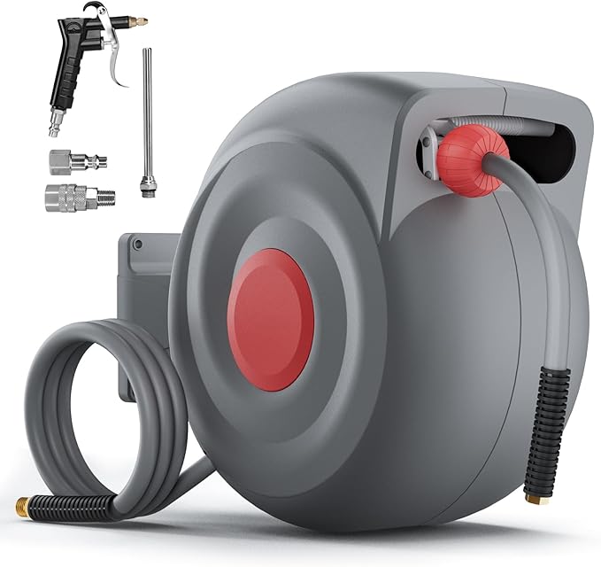 50 Ft Retractable Air Hose Reel, 3/8 In Auto Rewind with Air Blow Gun, 180° Wall-Mountable, Kink-Free, for Garage & Workshop Use