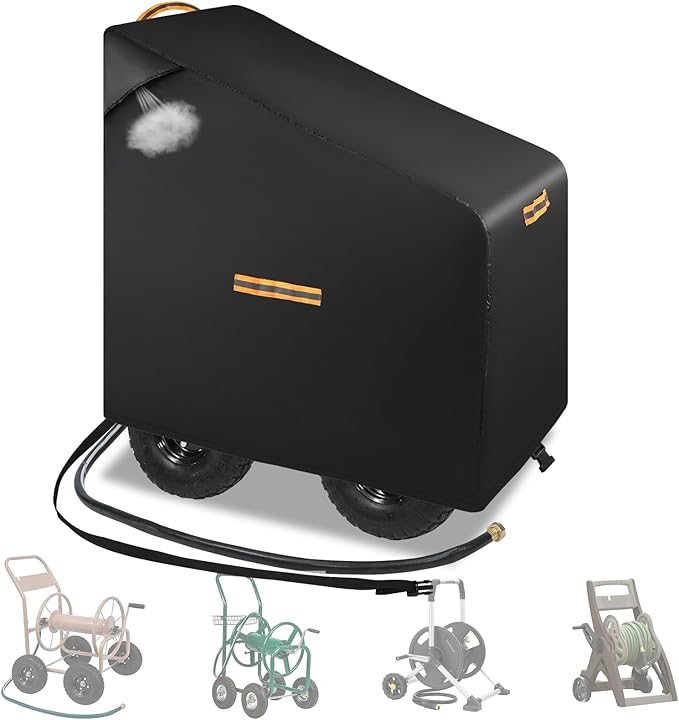 Hose Reel Cart Covers for Outside,Heavy Duty 420D Hosepipes Cover for Garden with Air Vent,Waterproof Strip,2 Reflective Strip Handles,Univeral Protective Hose Holder Cover,All Season Protection