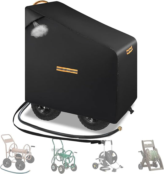 Hose Reel Cart Covers for Outside,Heavy Duty 420D Hosepipes Cover for Garden with Air Vent,Waterproof Strip,2 Reflective Strip Handles,Univeral Protective Hose Holder Cover,All Season Protection