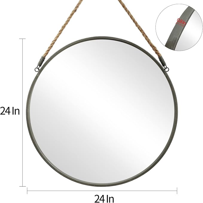 POZINO Round Hanging Mirror with Rope, 24 Inch Grey Metal Frame Circle Wall Mirror, Farmhouse Decorative Mirror for Entryway, Living Room, Fireplace, Bedroom, Bathroom