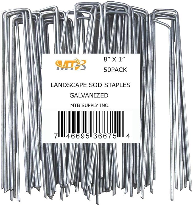 50 Pack 8 Inch 11GA(0.12inch) Landscape Staples Garden Stakes Fence Netting Pins Ground Spikes Sod Cover Fabric Pegs Anti-Rust Galvanized
