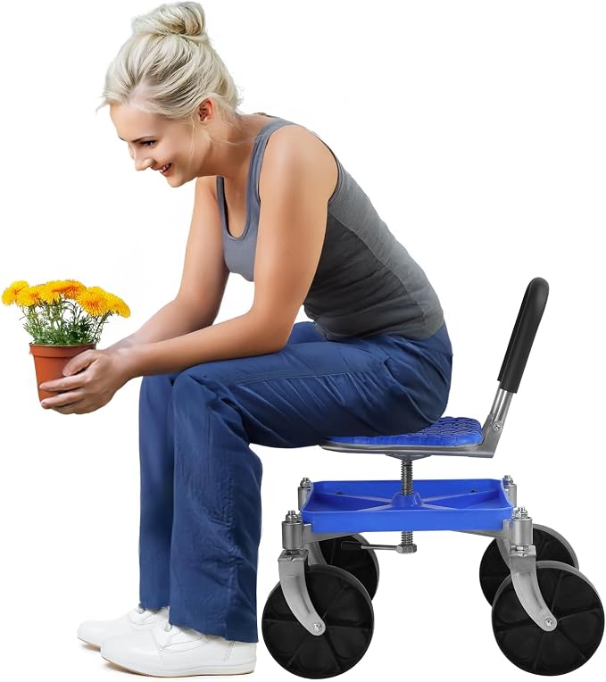 Cuteam Gardening Rolling Seat, Height Adjustable Rolling Garden Cart, 360 Degree Swivel Gardening Stool with Tool Tray, Rolling Work Seat for Gardeners Elderly Seniors (Blue)