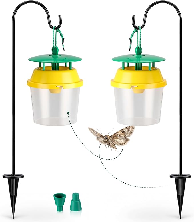 6 Pcs Reusable Leafminer Trap with Pheromone Lures, Bucket Style Insect Trap with 36.2'' Ground Stake, Outdoor Monitoring Tools for Citrus Trees Garden Orchard (2 Lures Included)