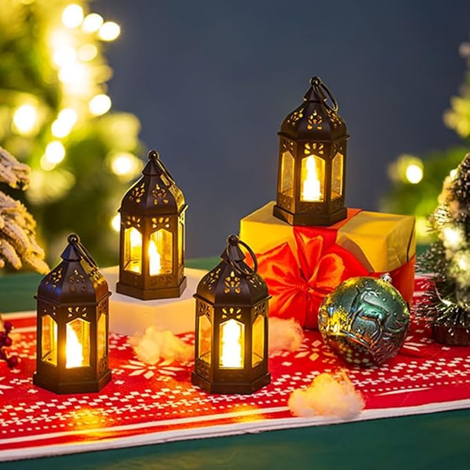 Mini Lantern with Flickering LED Candles Set of 20, Hewory Black Vintage Decorative Hanging Candle Lanterns for Halloween, Christmas, Wedding Decorations, Party, Table Centerpiece, Battery Included