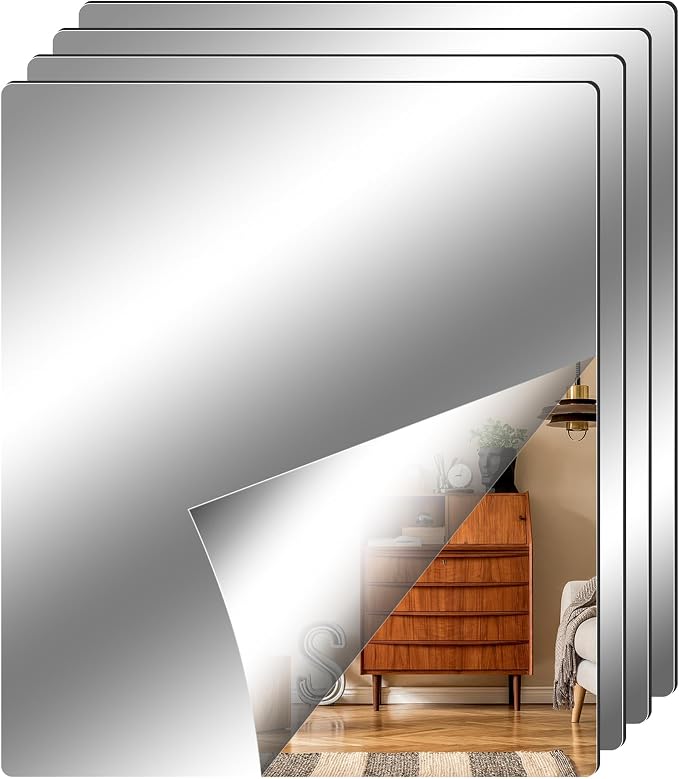 Fantasyon 4 Pieces Flexible Mirror Sheets, 2mm Thickness Decorative Self Adhesive Plastic Mirror Tiles Non Glass Mirror Stickers for School Educational and Home Wall Decor (11.8 × 13.8 Inches)