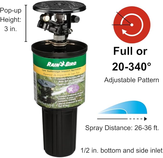 Rain Bird LG-3 Low Gallonage Pop-up Impact Lawn Sprinkler, Adjustable 20° - 360° Pattern, 26' - 36' Spray Distance