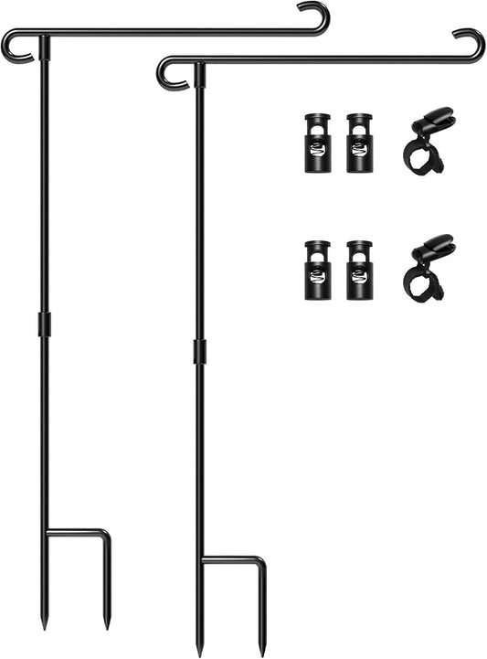 HOOSUN Garden Flag Stand Holder Pole Easy to Install Strong Sturdy Wrought Iron Fits 12.5" x 18" Mini Flag with 1 Tiger Clip Curved Hook with S Type 2 Pack