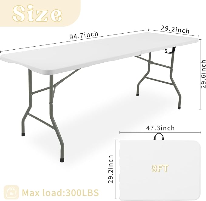HAISIWLKJ Folding Table 8 FT Camping Table Portable White Heavy Duty Plastic Rectangular Outdoor Dining Table Steel Legs Fold-in-Half with Carrying Handle for Indoor,Picnic,Party,Wedding,Events