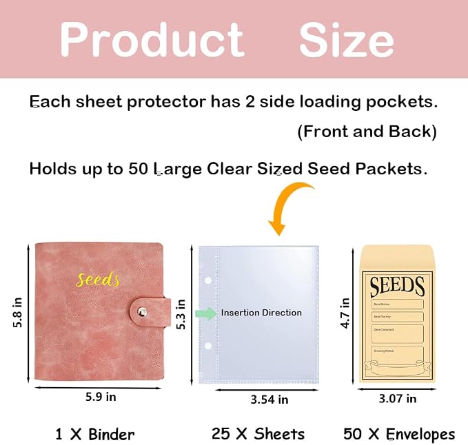 Seed Storage Organizer Binder, Leather Seed Packet Organizer with 50 Clear Pockets(25 Pack Sheet Sleeves) and 50 Pack Seed Envelopes, Garden Seed Holder Book, Pink Flower Plant Seed Keeper