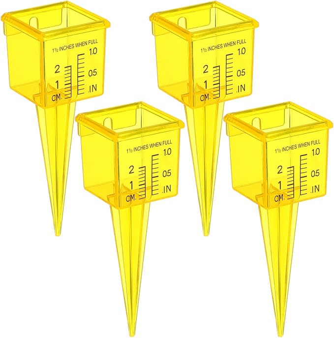Toddmomy 4 Pack 1.5" Sprinkler Rain Gauge, Wide Mouth Lawn Water Measuring Tool with Stake for Irrigation Calibration, Dual Scale Outdoor Rainfall Monitor