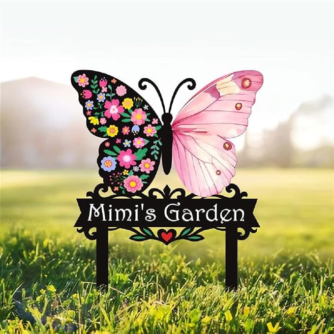 Personalized Metal Yard Sign, Butterfly Metal Stake Decor, Bird & Flower Design, Gift for Garden Lovers, Garden Decor (Pink butterfly)