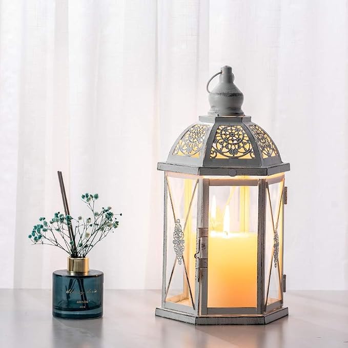 Lantern Decorative Indoor & Outdoor, 14.5'' Candle Lantern Farmhouse Home Decor, Hexagon Vintage Hanging Metal Candle Holder for Front Porch Shelf Patio Wedding Party, Christmas Decorations