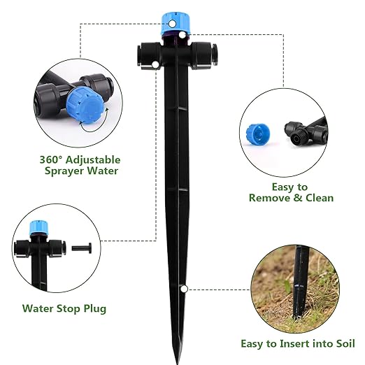 30pcs Drip Irrigation Emitters, Kalolary Adjustable 360 Degree Water Flow Emitters for 1/4" Tubing, Two-Way Connection Irrigation Drippers for Garden, Lawn, and Greenhouse Watering Systems(Blue)