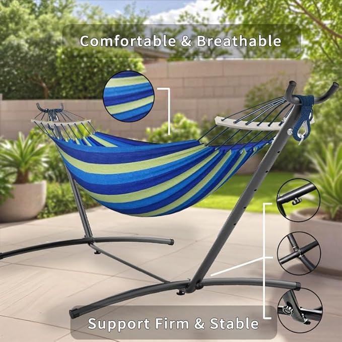 ANAGOO Double Hammock with Stand, 2 Person Hammock with Anti-Rollover Spreader Bar, Adjustable Height Heavy Duty Steel Stand, 500LB Capacity Portable Hammock for Patio Backyard Camping, Wide Blue