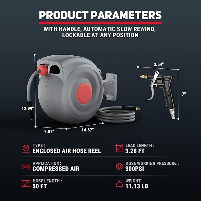 50 Ft Retractable Air Hose Reel, 3/8 In Auto Rewind with Air Blow Gun, 180° Wall-Mountable, Kink-Free, for Garage & Workshop Use