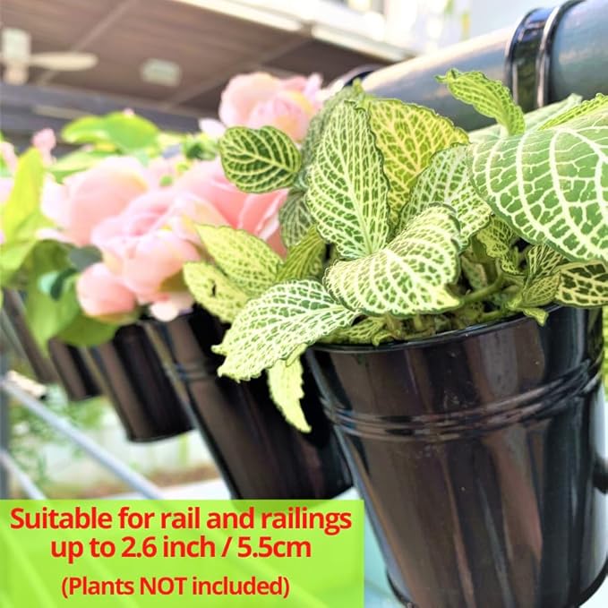LaLaGreen Rail Planter (6 Inch, 12 Pack) Black Metal Hanging Flower Railing Fence Balcony Gardening for Apartment Patio Planters Outdoor Deck Modern Decoration Garden Style Iron Porch Decor Pots