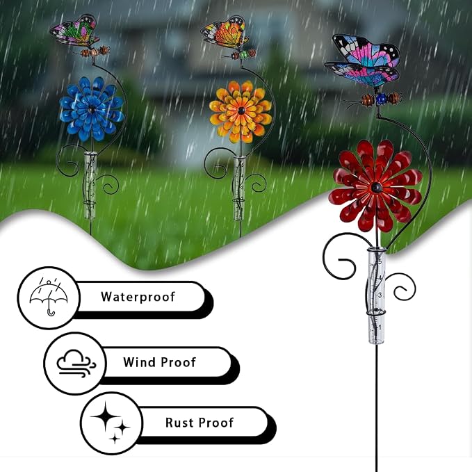 Rain Gauge Outdoor, 3 Pack Butterfly Rain Gauges with 5" Plastic Tube, Metal Flower Decorative Garden Stakes for Yard Patio Lawn Decor