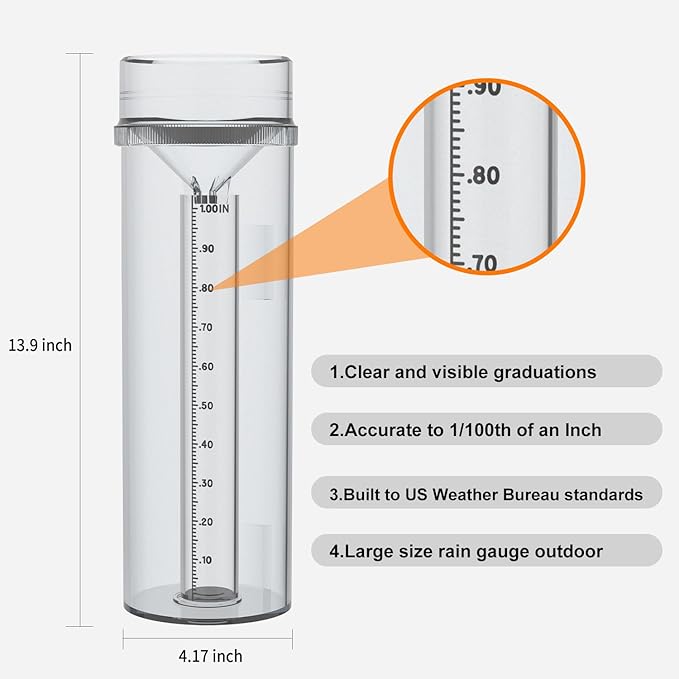 Rain Gauge Outdoor Professional Long Term Rain Gauge Mounting Bracket, Precisely Accurate to 1/100th of an Inch,UV and Heat Resistant, Non-Yellowing Rain Gauge Fit All Weather Conditions