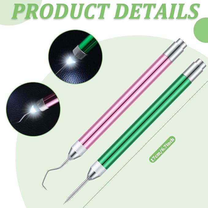 Therwen 2 Pcs LED Weeding Tools for Vinyl with Light Pin Hook Lighted Weeding Pen for Removing Iron on Tiny Vinyl Paper Silhouette Cutting Machines Supply(Pink, Green)