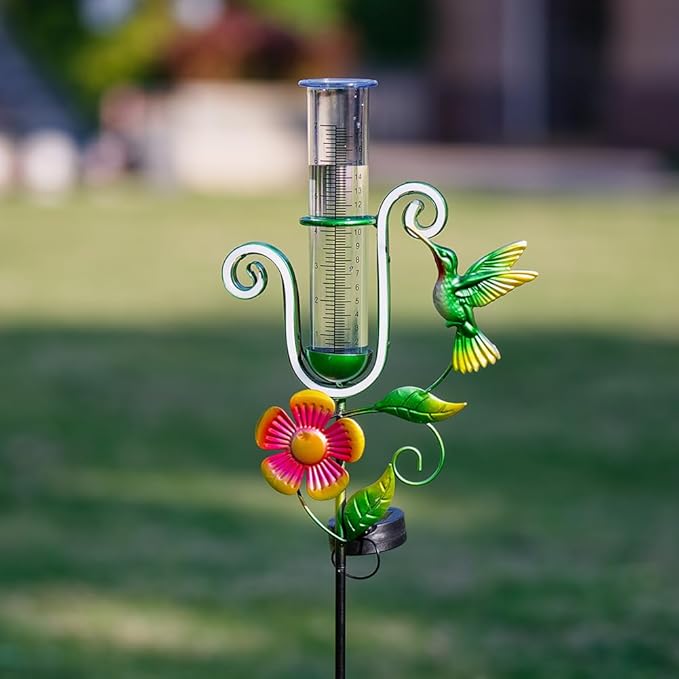 Stargarden Rain Gauge Outdoor, Hummingbird Solar Rain Gauge, Metal Rain Measure Gauge with 7 Inch Tube, Decorative Rainfall Measurement for Yard, Porch Decor