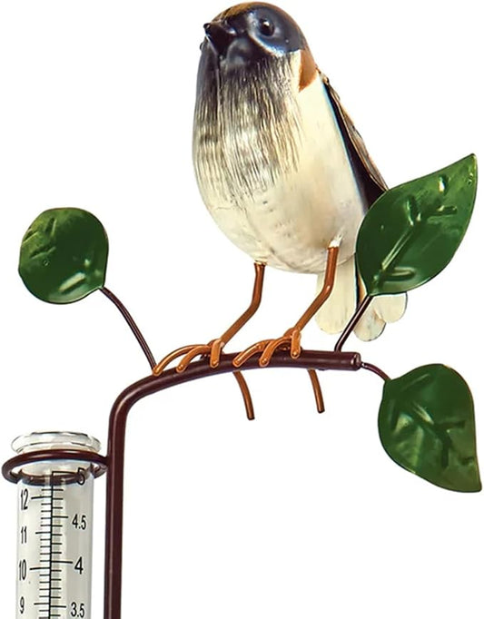 Bits and Pieces Bird Rain Gauge - 5 Inch Glass Rain Gauge with Metal Stake, Decorative Bird Yard Stake Lawn Garden Décor