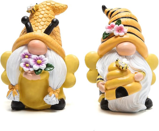 Hodao Bee Gnomes Set of 2 - Honey Bee Day Resin Statues, Summer Spring Gnome Figurines Decor for Home Kitchen Tiered Tray, Cute Bumble Bee Bumblebee Decorations for Table Office Garden Shelf, 4.3" H