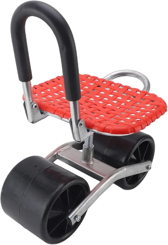 360° Swivel Garden Rolling Seat with Wheels - Adjustable Height Work Scooter & Creeper for Weeding, Planting, and Outdoor Lawn Care - Heavy Duty Steel Frame with Breathable Woven Saddle (Red)