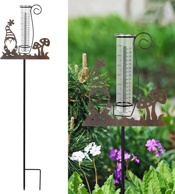 Rain Gauge Outdoor, Gnome Decorative Rain Gauges for Yard, Freeze Proof Rain Gauge with 7" Glass Tube, Metal Garden Stake for Measuring Precipitation
