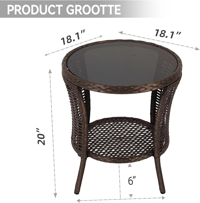 Outdoor Side Table - Patio Wicker End Table with Extra Storage Shelf, Rattan Outdoor Side Table with Round Glass Tabletop for Garden, Backyard, Porch, Black Gold