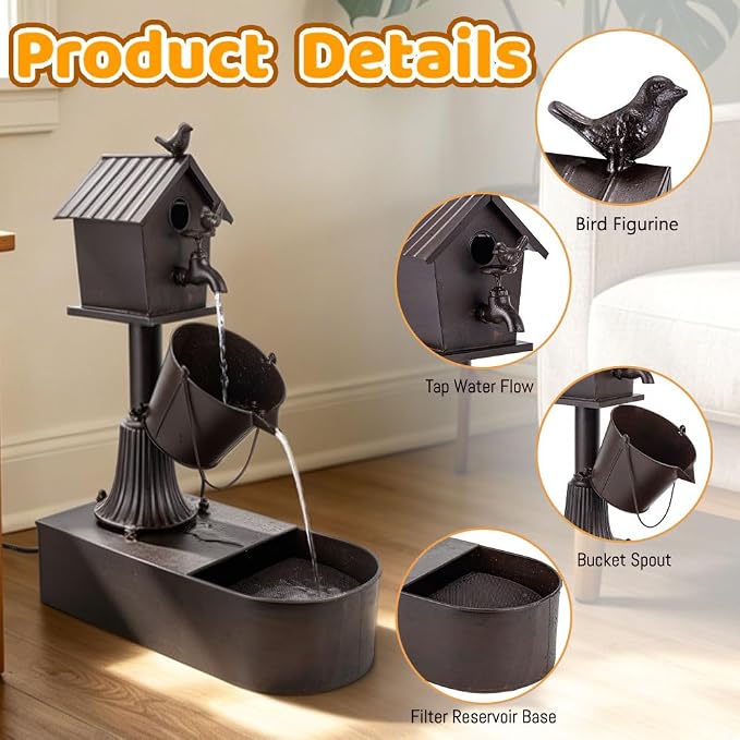 Metal Water Fountain Outdoor 27" Birdhouse Waterfall Fountain, Rustic Outdoor Water Fountain with Tilted Bucket for Garden Patio Yard Deck Decor, Dark Bronze