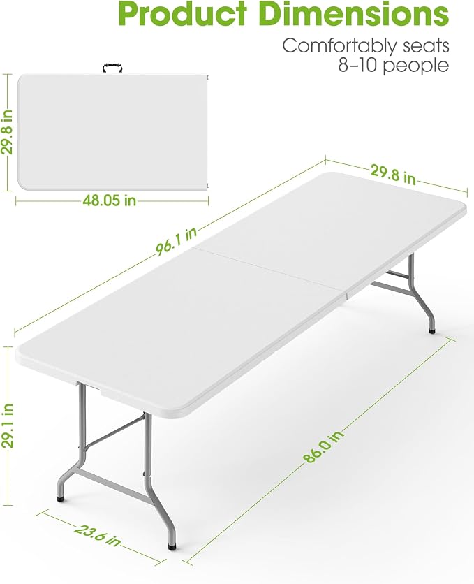 Pureegg 8FT Folding Table - No Assembly Required, Versatile Dining Table with Carrying Handle & Tabletop Safety Lock, Portable Foldable Table for Party, Craft, Camping, Picnic, White