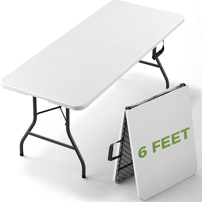 Folding Table, 6 FT Foldable Plastic Table with Carrying Handle, Heavy Duty Portable Fold-in-Half Utility Table for Party, Camping, Banquet, Craft, Wedding, Indoor & Outdoor Use