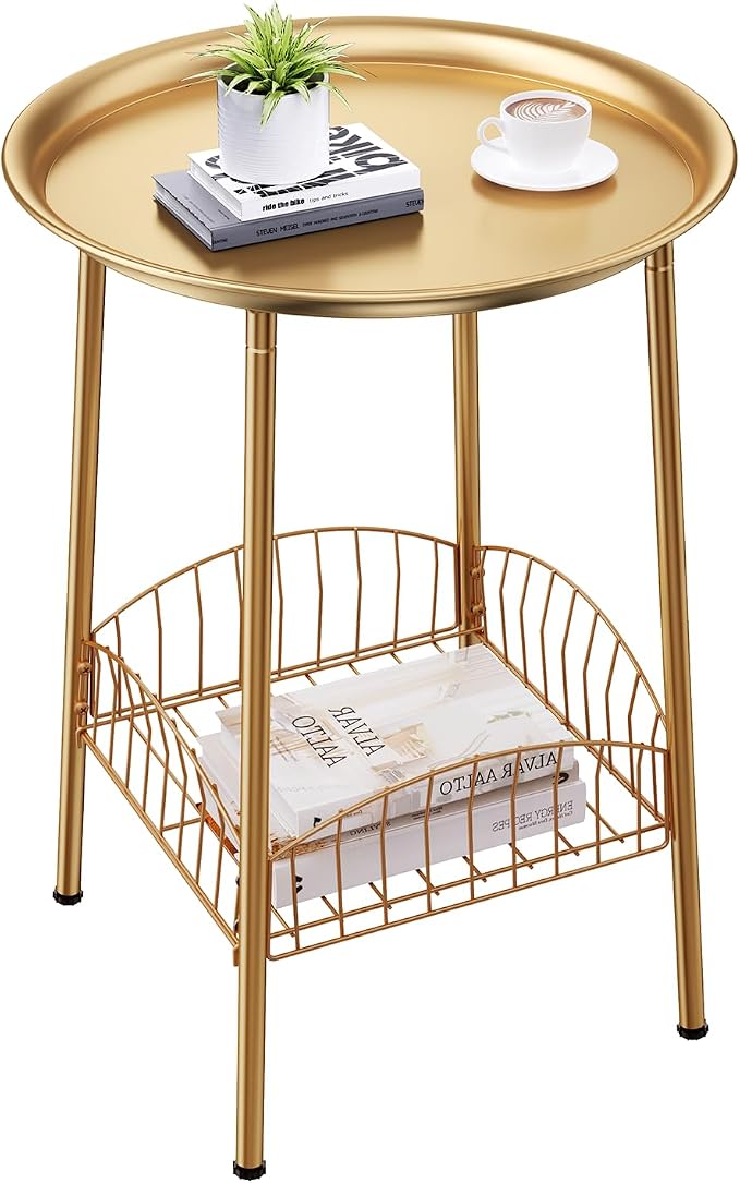 Small Outdoor Side Table, 2-Tier Round Metal Patio Table, Accent Table Waterproof, Weather Resistant End Table for Yard Porch Pool Balcony Garden Bedside (Gold)