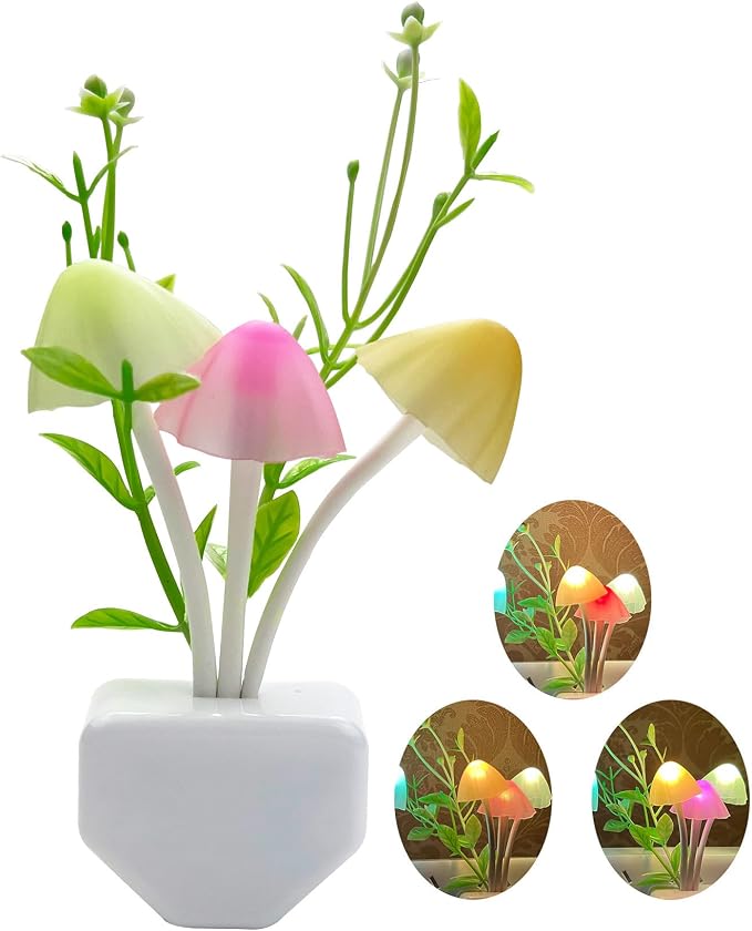 Sensor LED Mushroom Night Lights - Plug into Wall Plant Cute 7 Color Changing Dream Bed Lamp, Energy Saving Nightlight for Kids Adults Bedroom, Bathroom, Toilet, Stairs, Kitchen, Hallway Corridor