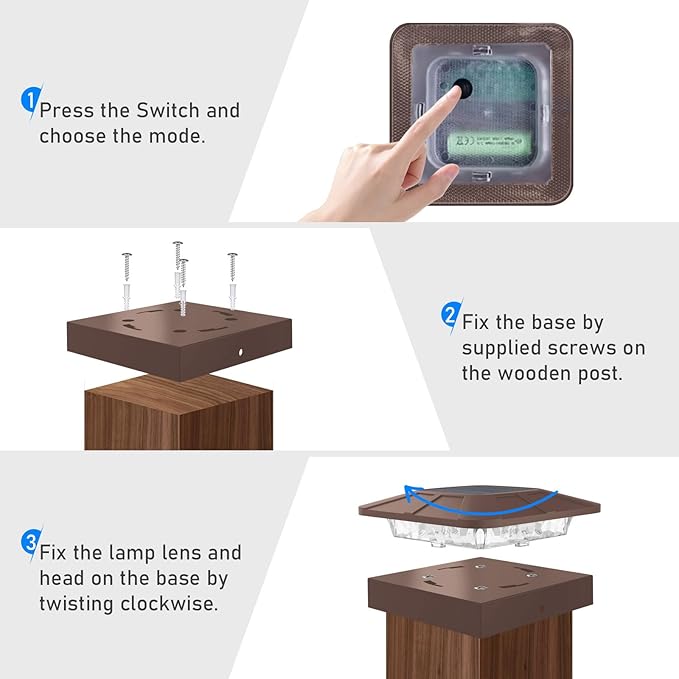 Peasur 4x4 Solar Post Cap Lights Outdoor with 3 Modes, 2 Packs Brown Fence Light Solar Powered Waterproof for 4x4 3.5x3.5 Wood/Vinyl Posts for Deck Yard Garden Patio Outside