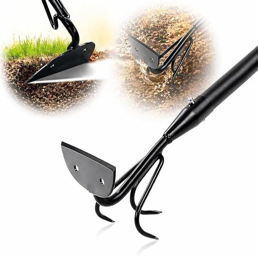 2-in-1 Garden Hoe & Cultivator Tool – Heavy Duty 3-Tine Claw Rake with Adjustable Long Handle (52”-75”), Effortless Weeding, Soil Loosening & Planting, Ideal for Garden Beds, Yard & Backyard